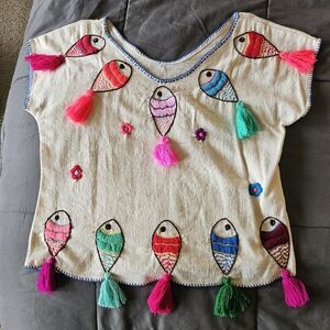 Embroidered fish print top with tassels